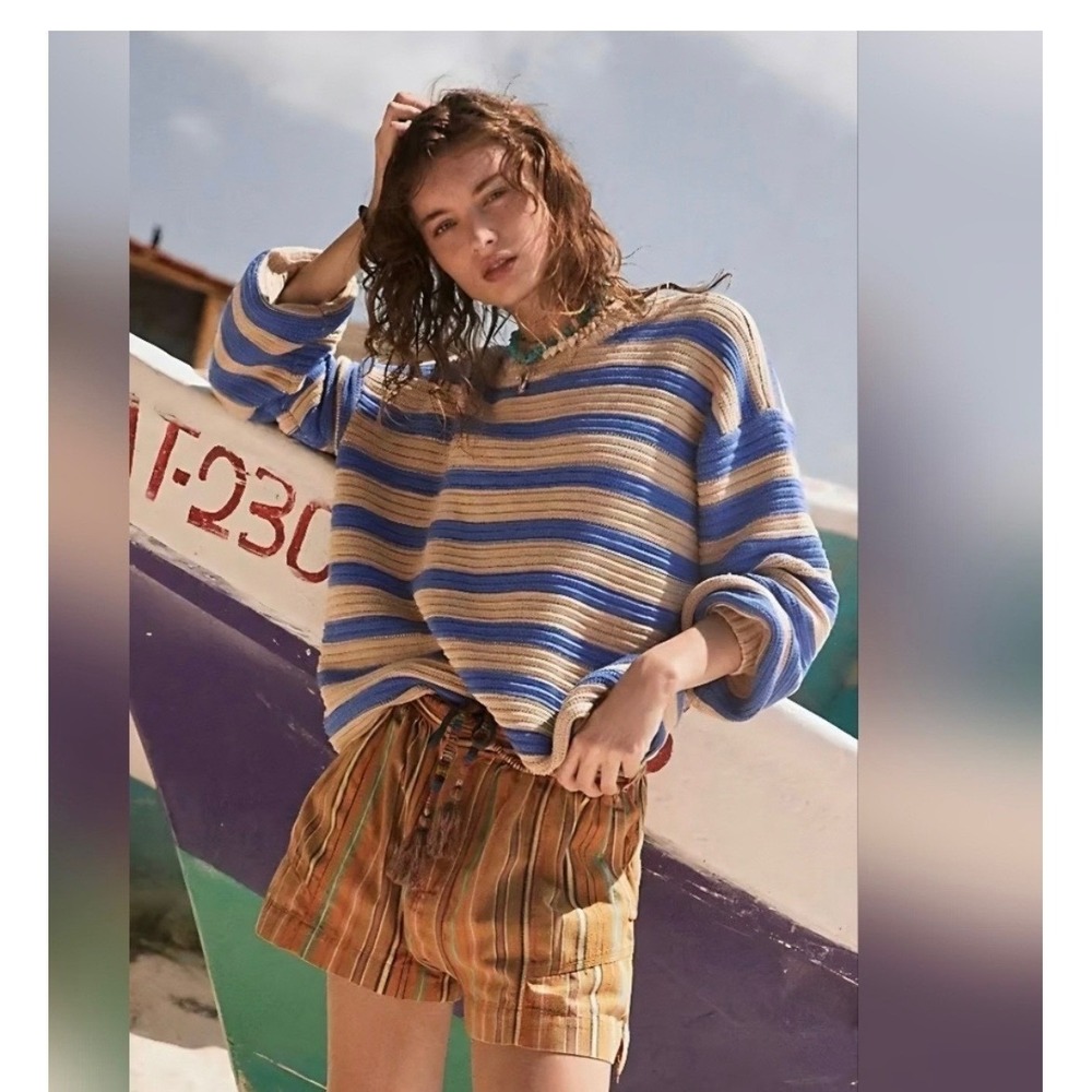 Free People Kahuma Pull-on Harem Shorts Tassel Cotton Pockets Stripes Orange S